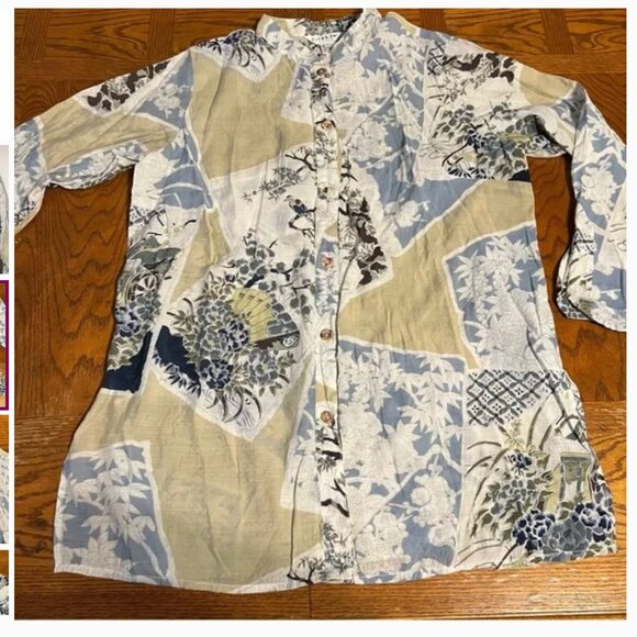 Citron of Santa Monica Asian Print Bamboo Blend Button Down Long Tunic Sz L - Picture 3 of 15